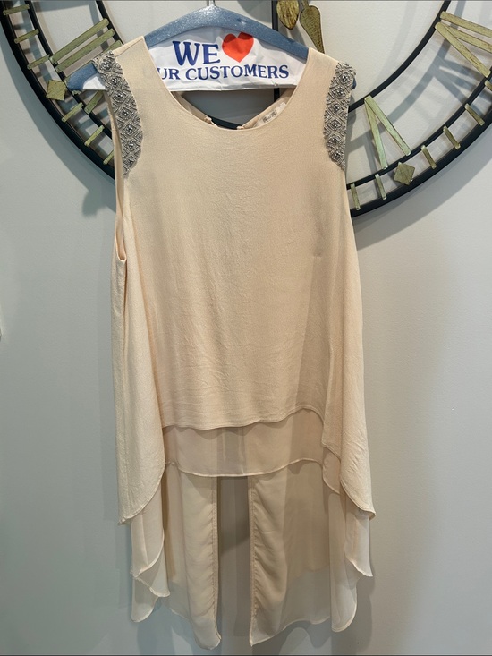 Miss Me Tops - Miss Me Cream Layered Chiffon High-Low Tank with Beaded Shoulders